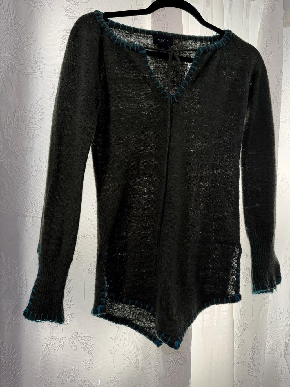 Kali Black Long Sleeve V-Neck Top with Teal Trim Accent